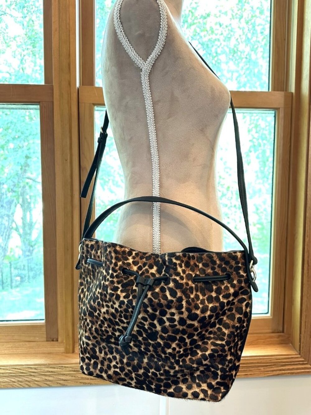 Talbots Leopard Print Calf Hair Leather Drawstring Bucket Shoulder Crossbody Bag